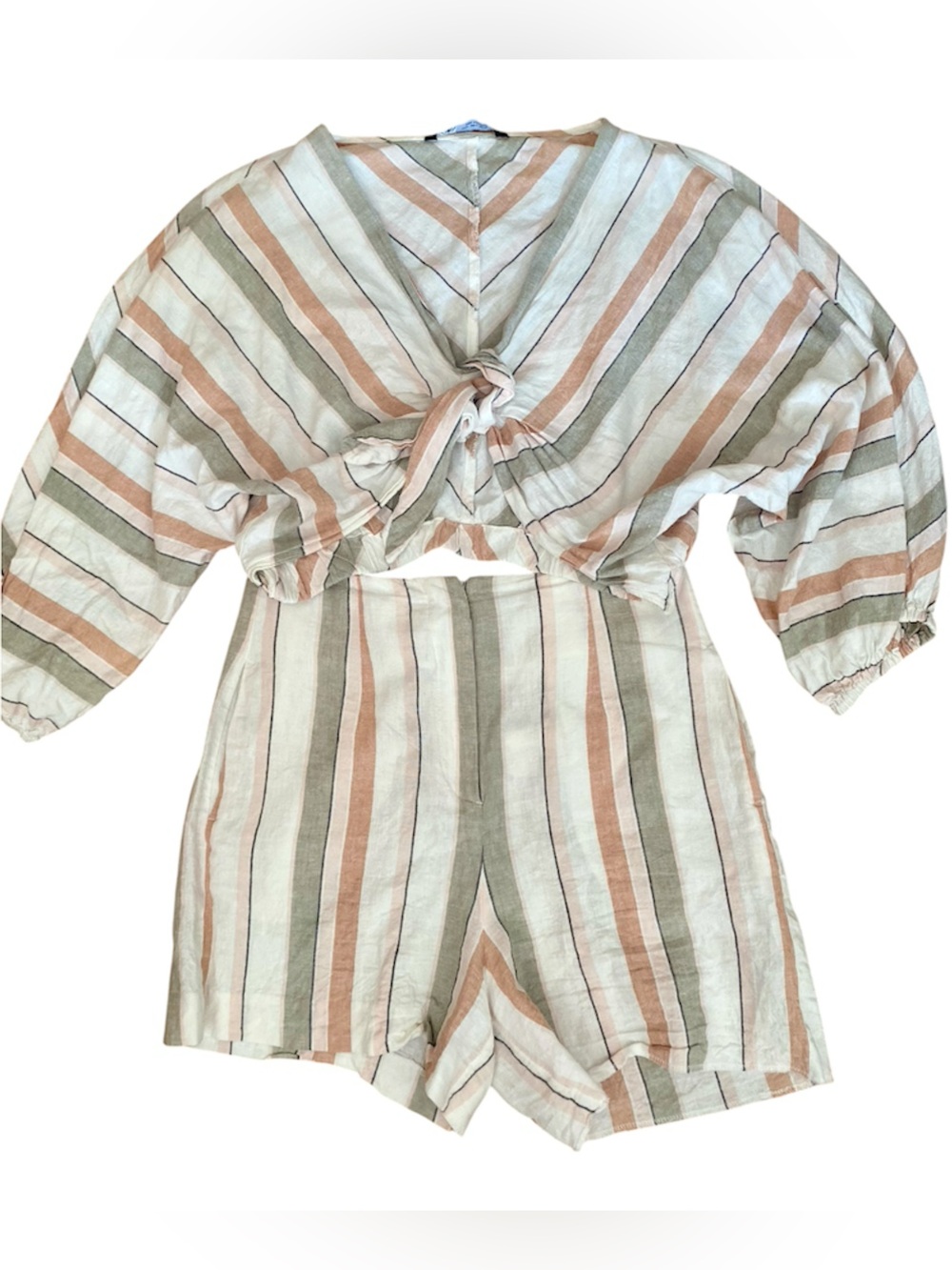 Zara Linen Blend Striped 2 Piece Shorts Set Tie Front Top Size L